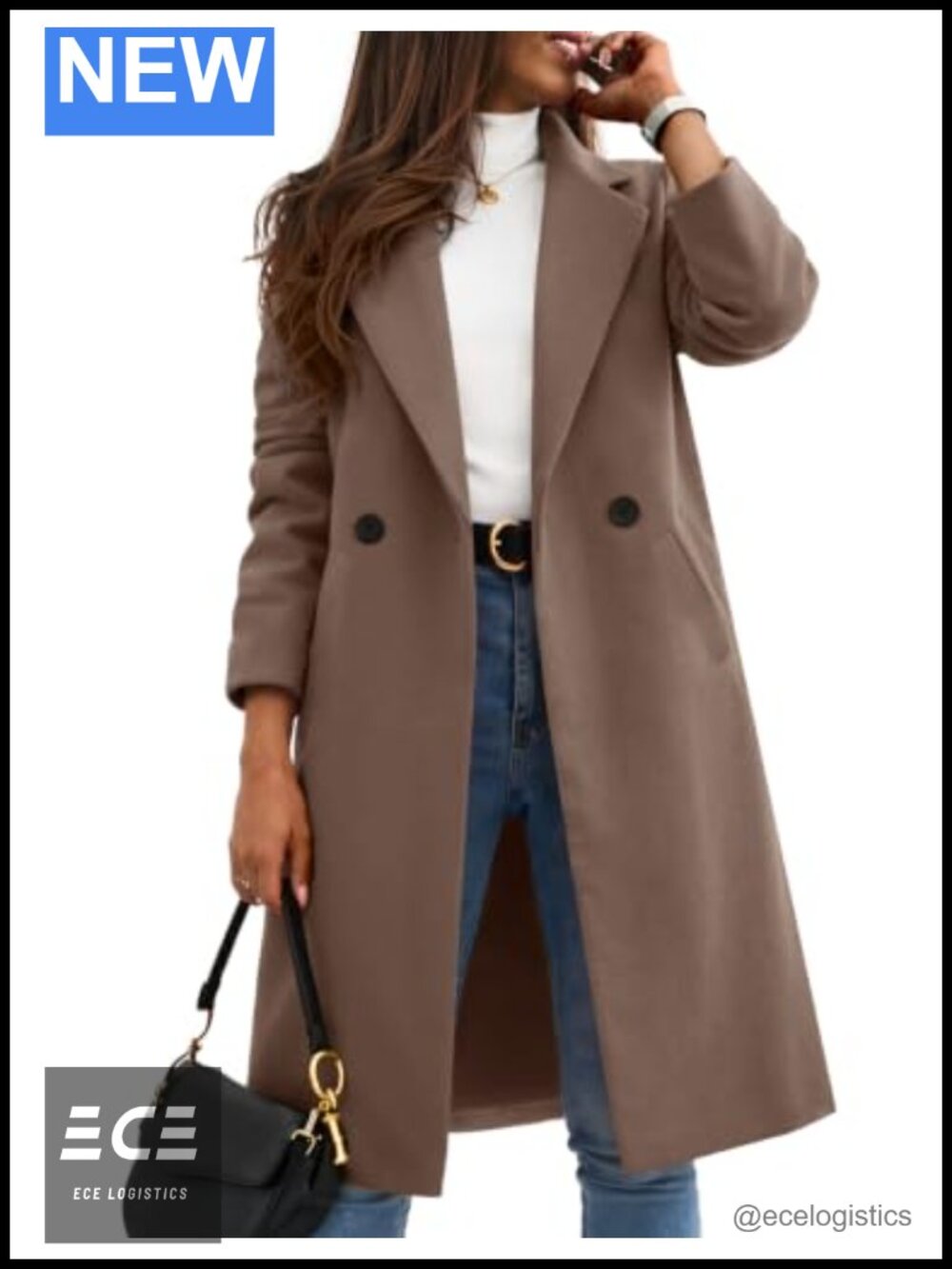 Women Wool Blend Peacoat Mid Length Notch Lapel Double Breasted Coat
